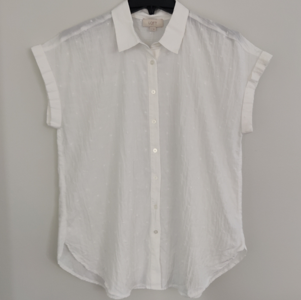 NWT Loft White Polka Dot Button Down Shirt Size M